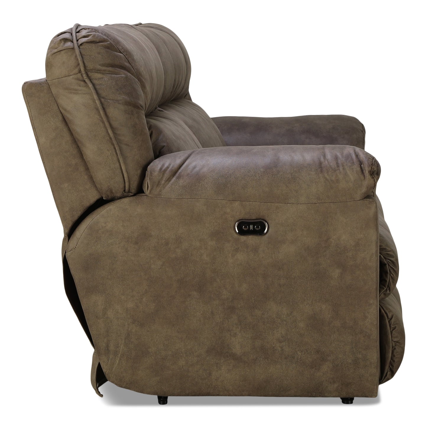 Brown power reclining sofa in reclined position with round control panel.