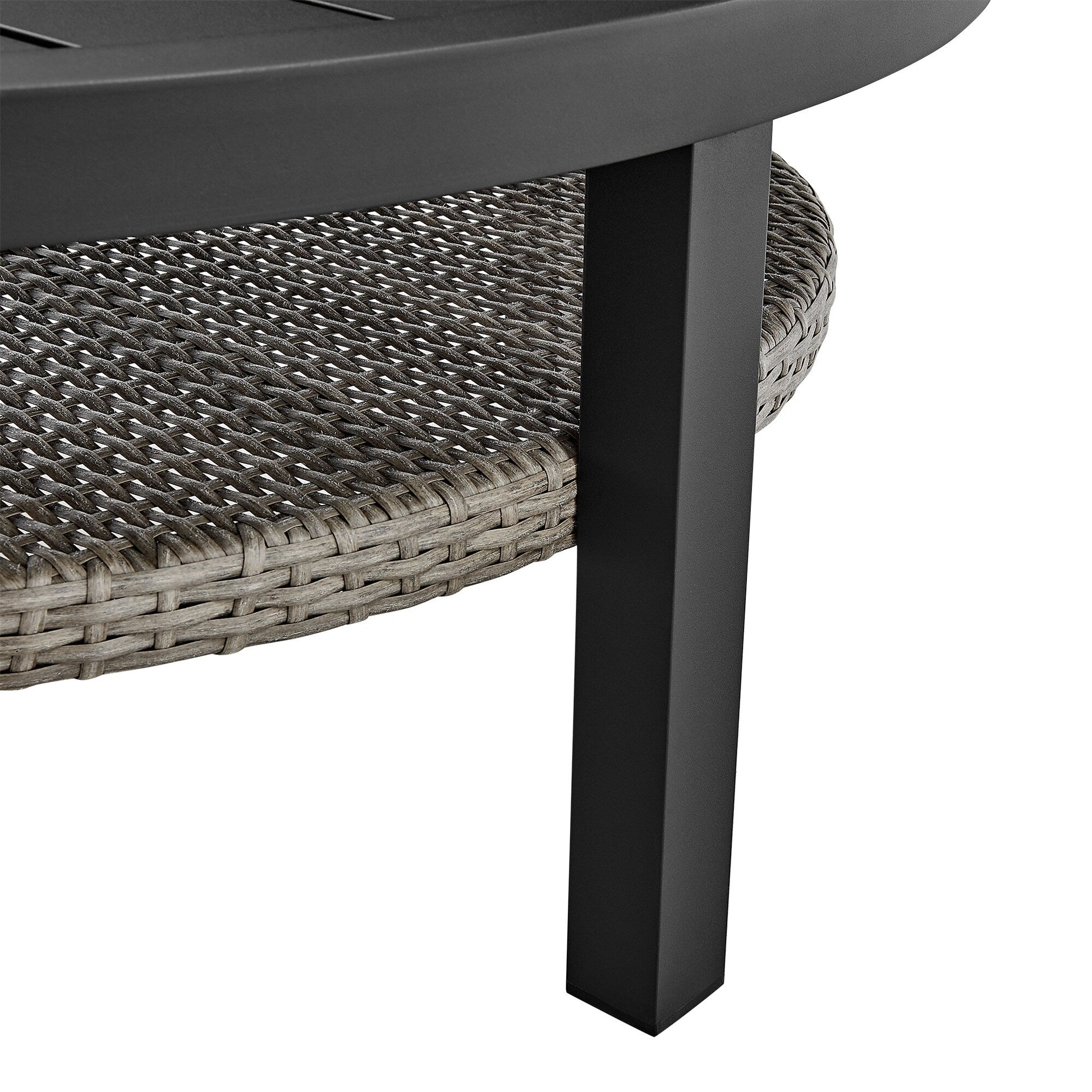 Aileen Outdoor Patio Round Coffee Table in Black Aluminum with Gray Wicker Shelf