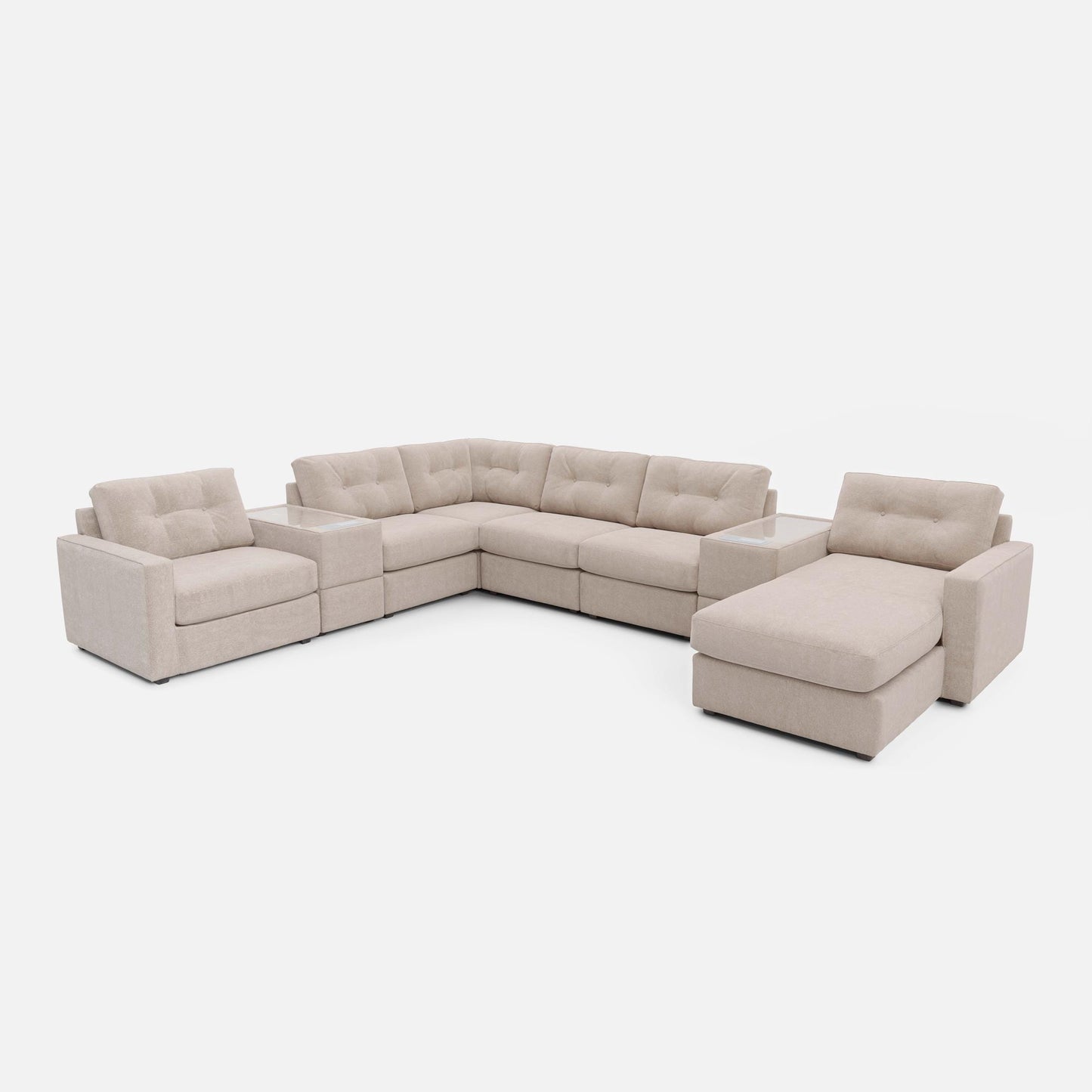 Light beige modular sectional sofa with chaise and corner seating, no pillows shown.