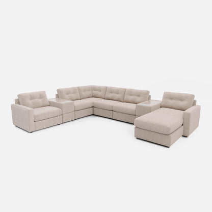 Light beige modular sectional sofa with chaise and corner seating, no pillows shown.