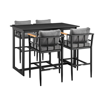 Wiglaf Outdoor Patio 5-Piece Bar Table Set in Aluminum with Gray Cushions