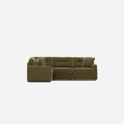 Olive green sectional sofa with left arm chaise, button-tufted backrest and cushions
