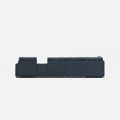 Dark blue modular sectional sofa with low profile and back cushions
