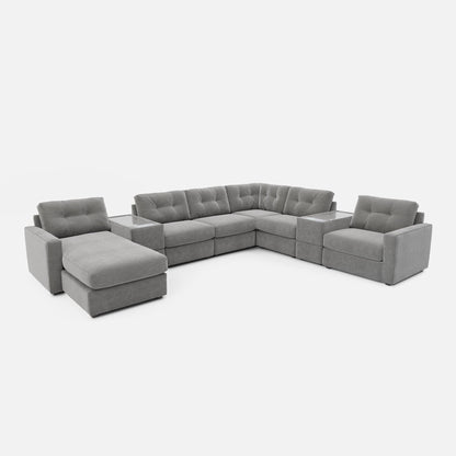 Light gray L-shaped modular sectional sofa with wide chaise and corner seat