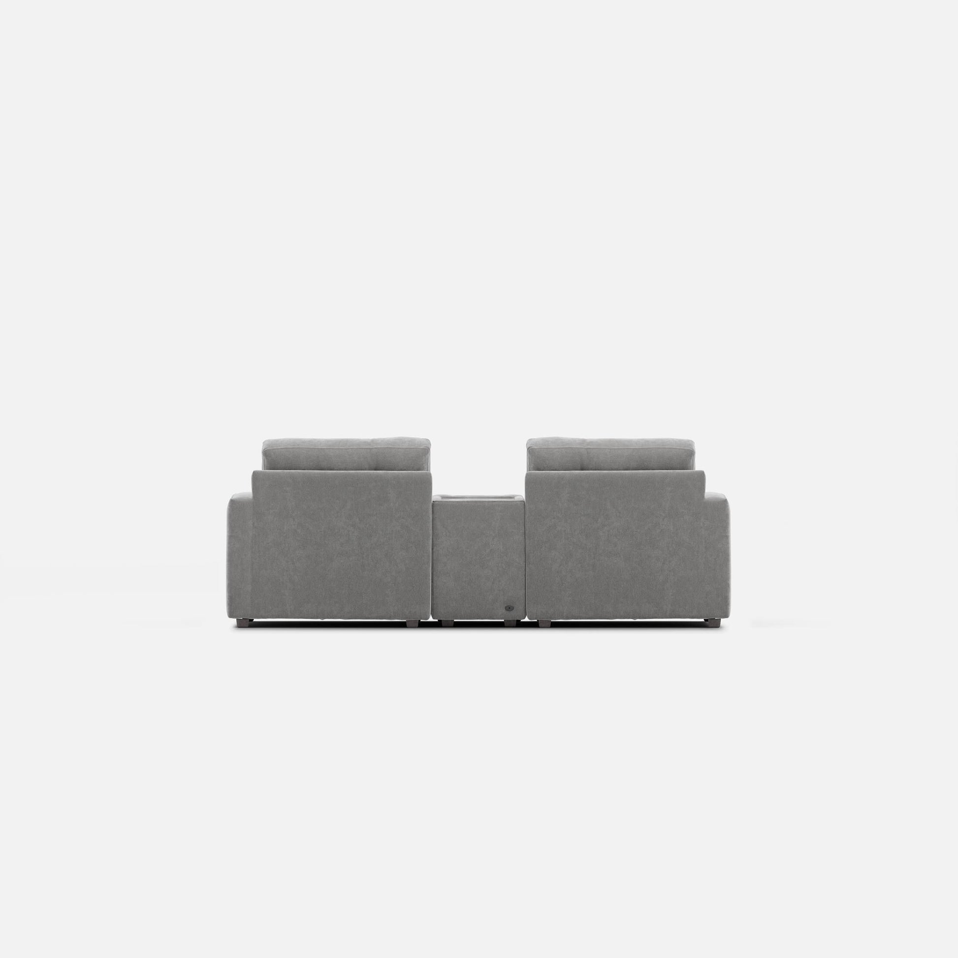 Gray modular console loveseat with three sections, short arms, and low base
