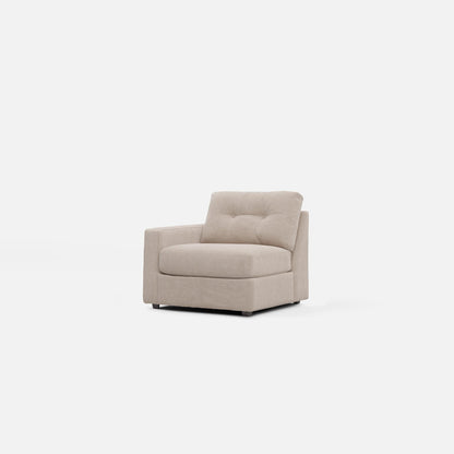 Light beige modular chair with high back, square arms, and wide seat cushion