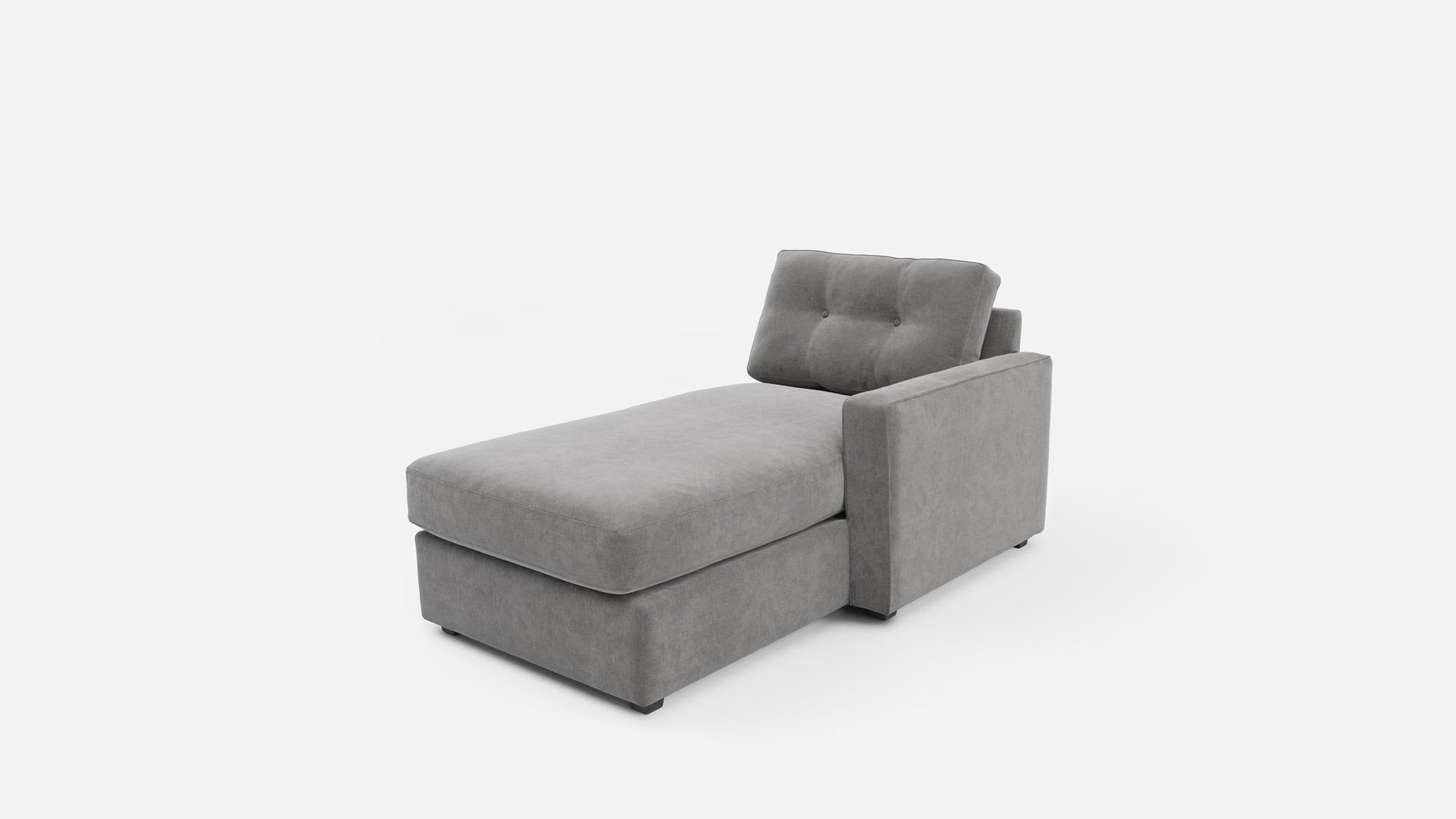 Gray chaise lounge with tufted back cushion and rectangular seat, angled view