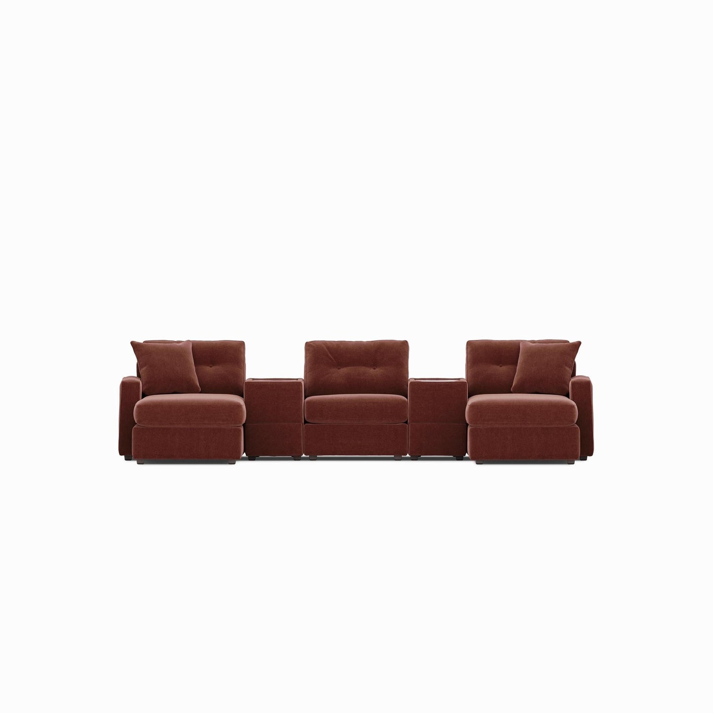 Modular sectional sofa with dual chaises, dark red fabric, low ottoman side blocks