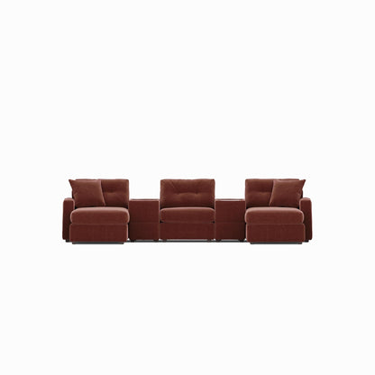 Modular sectional sofa with dual chaises, dark red fabric, low ottoman side blocks