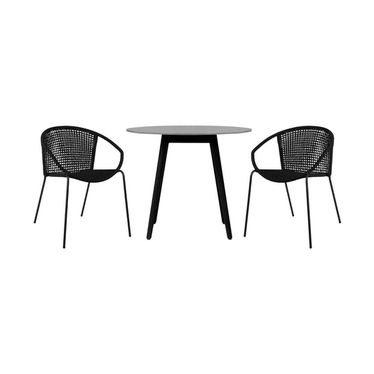 Sydney and Snack 3 Piece Outdoor Patio 36" Dining Set in Black Eucalyptus Wood and Black Rope