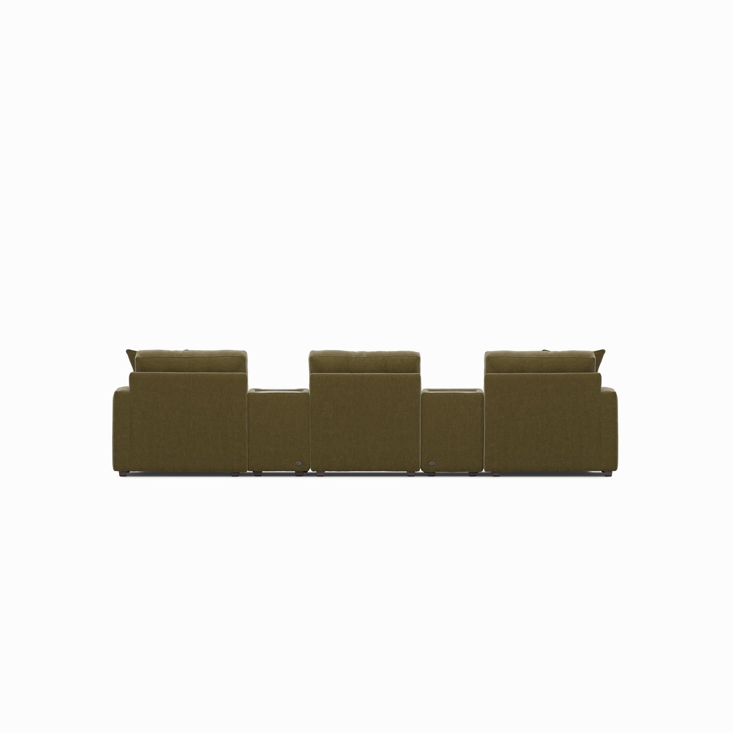 Modular sectional sofa with dual chaises, olive fabric, long straight seating layout