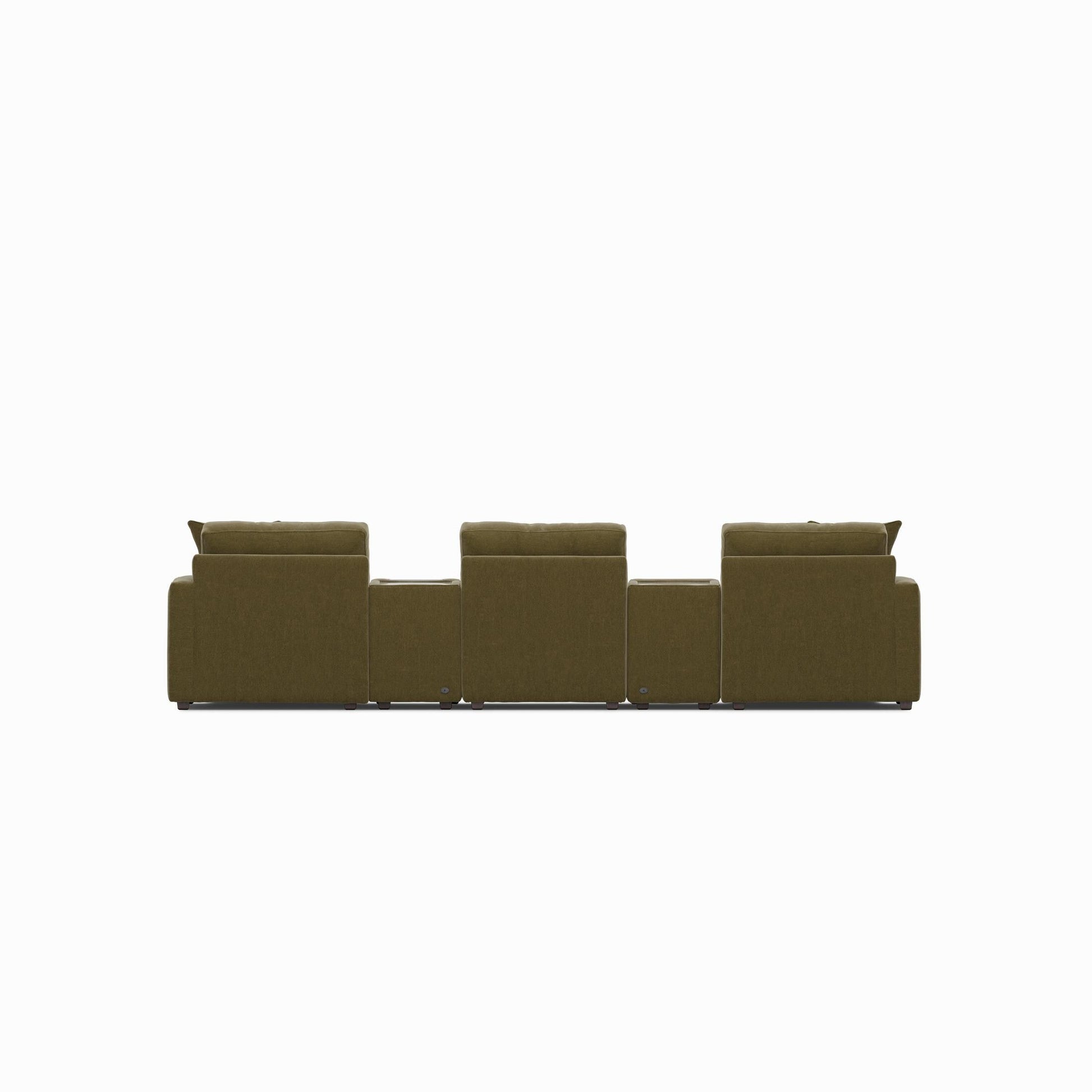 Modular sectional sofa with dual chaises, olive fabric, long straight seating layout
