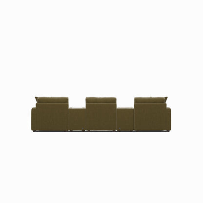 Modular sectional sofa with dual chaises, olive fabric, long straight seating layout