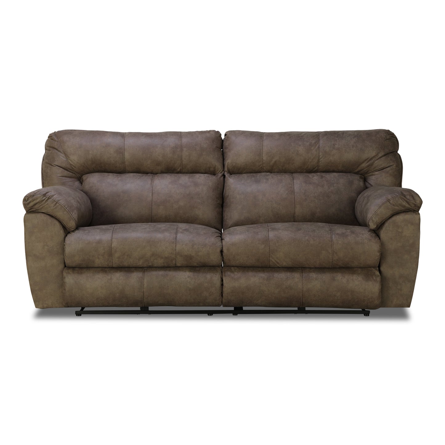 Dark brown power reclining sofa with padded arms and split back cushions.
