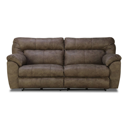 Dark brown power reclining sofa with padded arms and split back cushions.