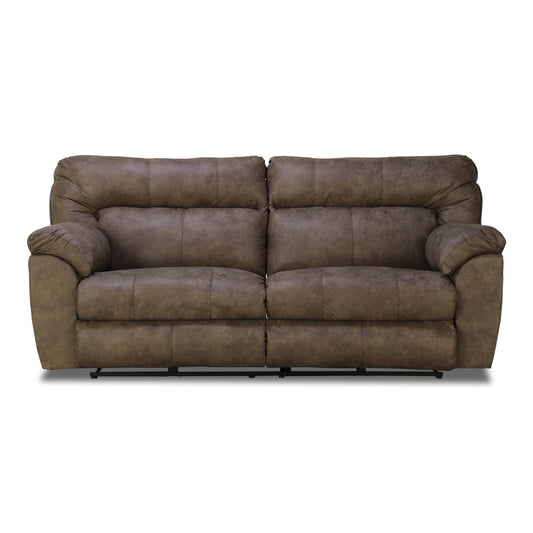 Dark brown power reclining sofa with padded arms and split back cushions.