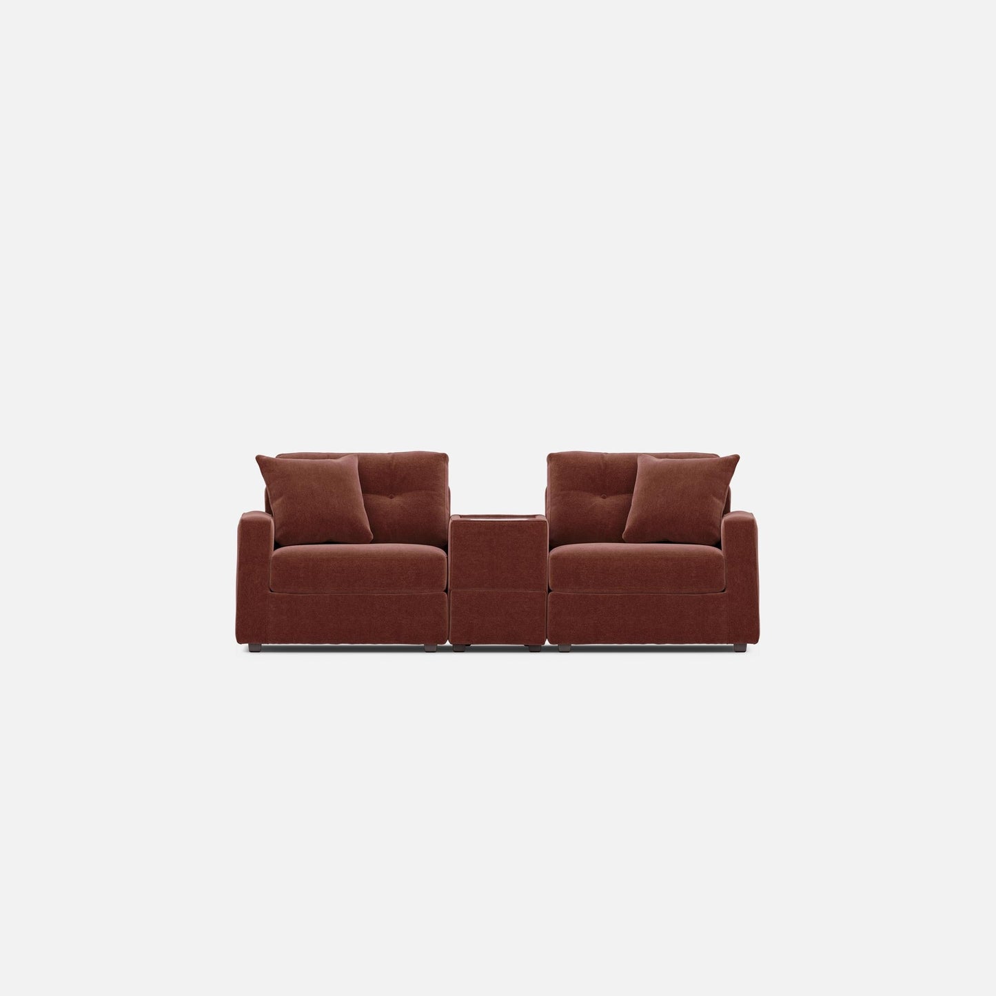 Merlot modular console loveseat with three padded sections and matching back cushions