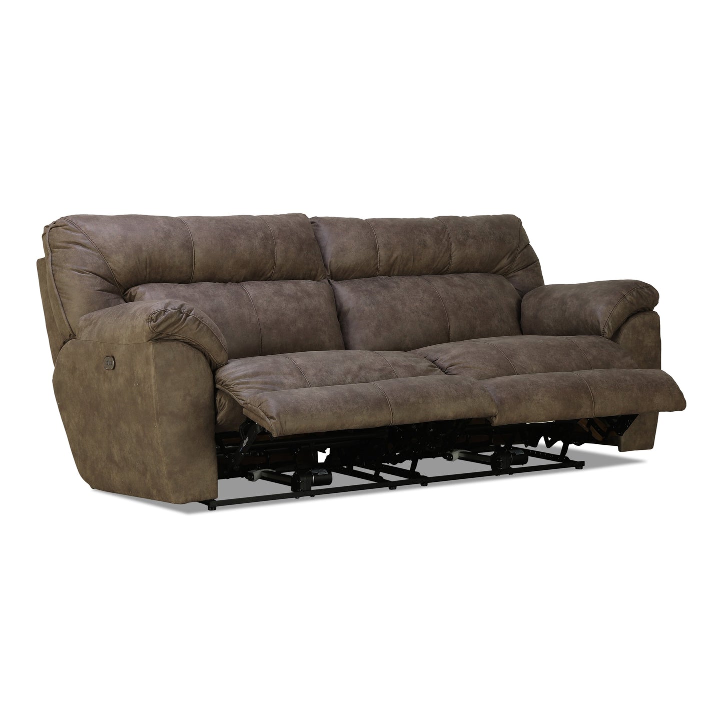 Brown power reclining sofa showing open leg mechanism under the seat.