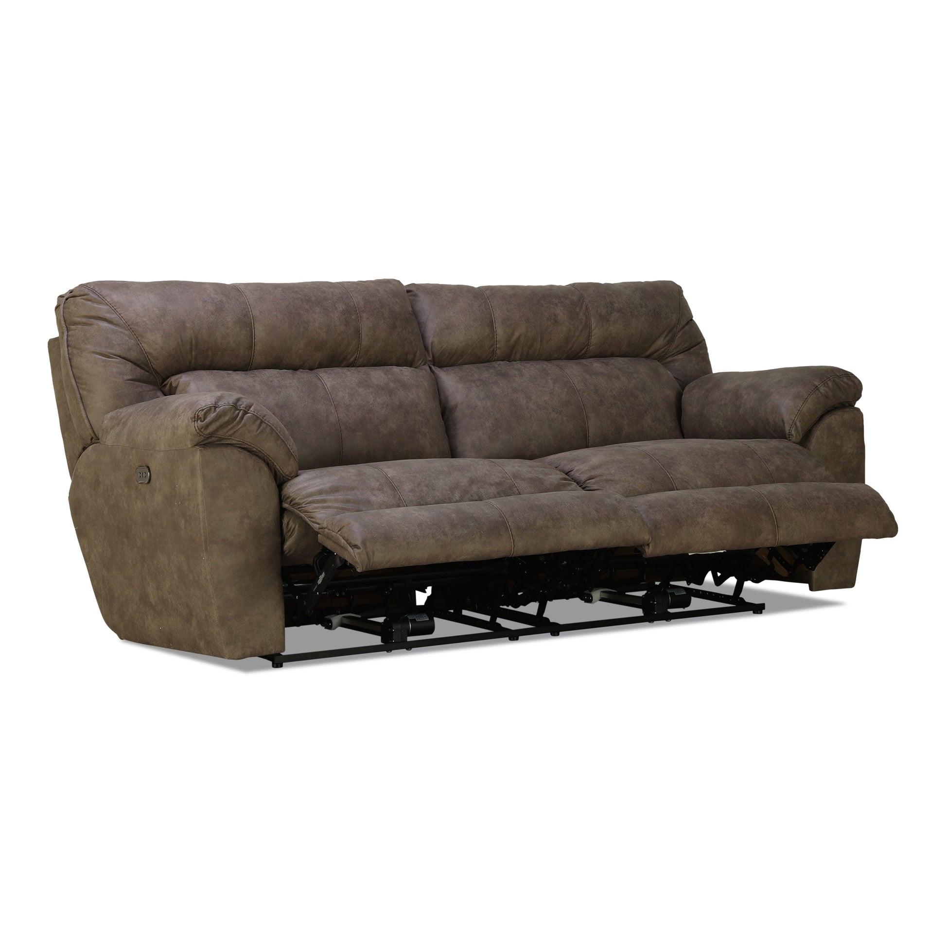 Brown power reclining sofa showing open leg mechanism under the seat.