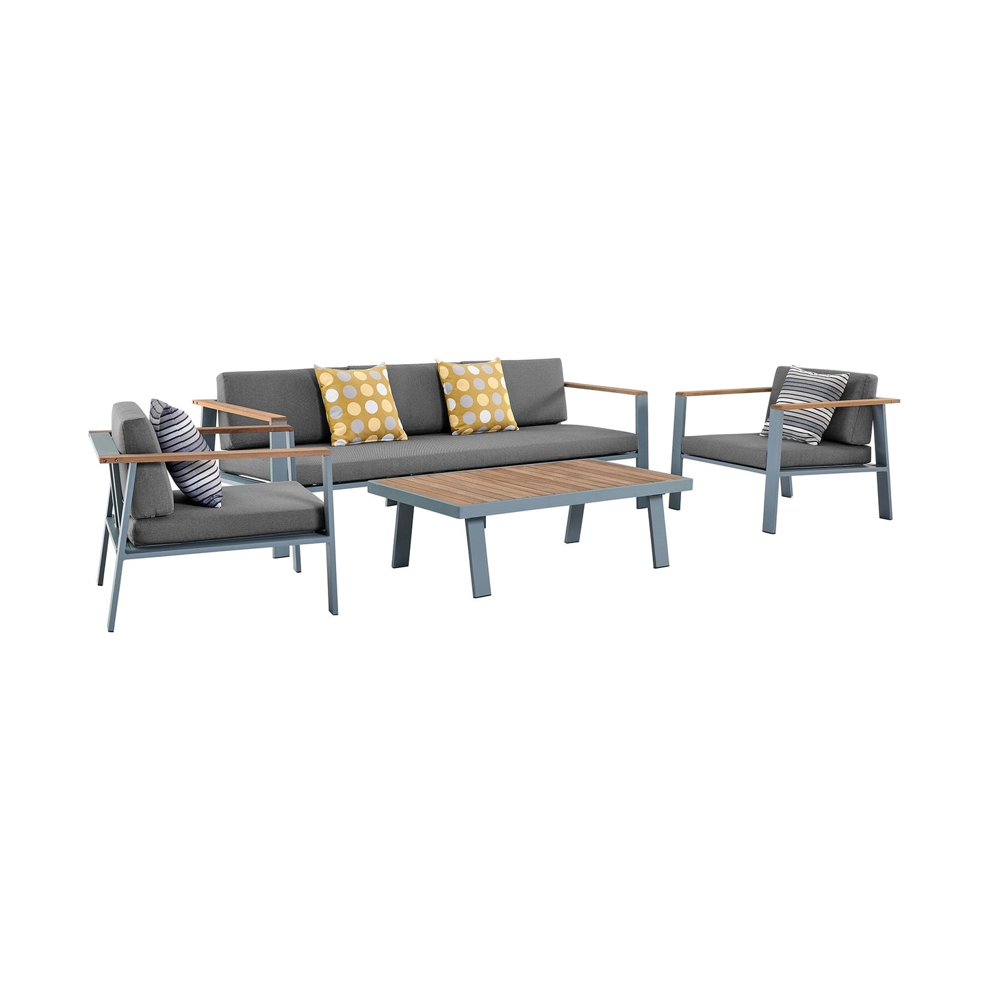 Nofi 4 piece Outdoor Patio Set in Gray Finish with Gray Cushions and Teak Wood