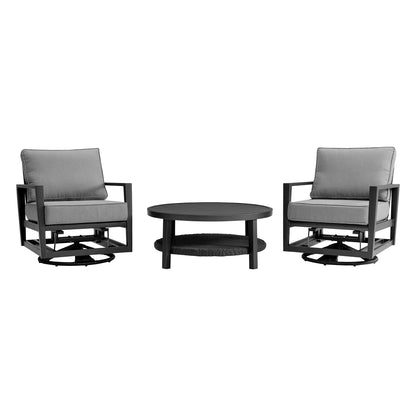 Shari and Tiffany 3 Piece Patio Outdoor Swivel Seating Set in Black Aluminum with Gray Cushions