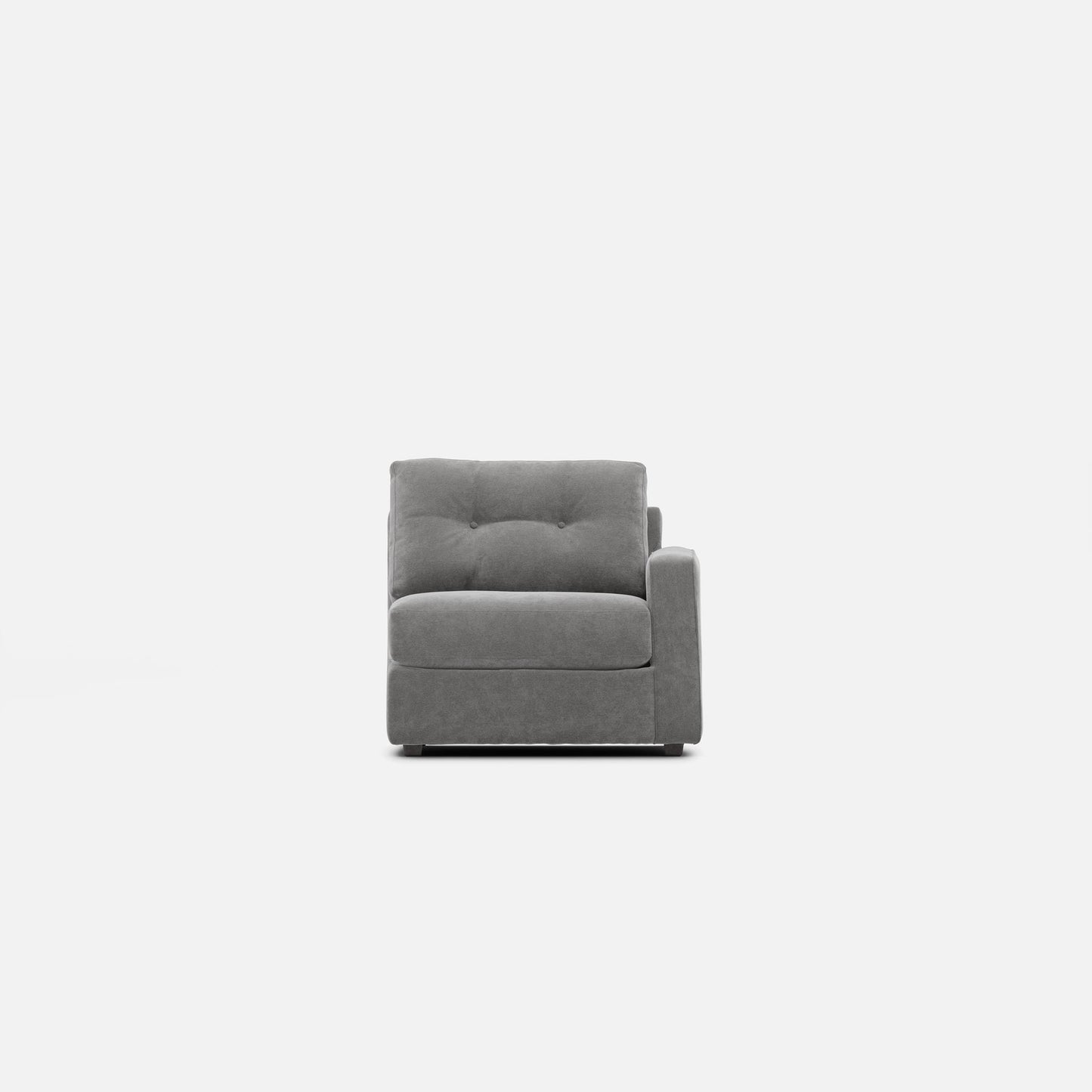 Gray upholstered modular chair with tufted back cushion and square arm profile