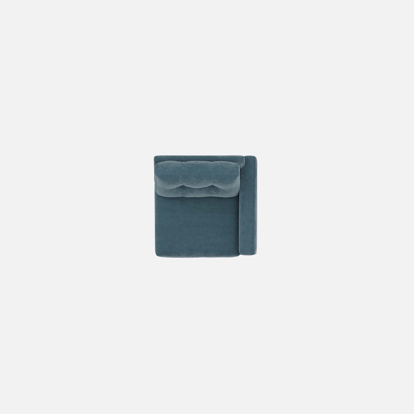 Modular chair corner view in teal fabric with tufted back top seam.