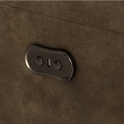 Wall-hugging power recliner power control panel on dark brown faux leather arm