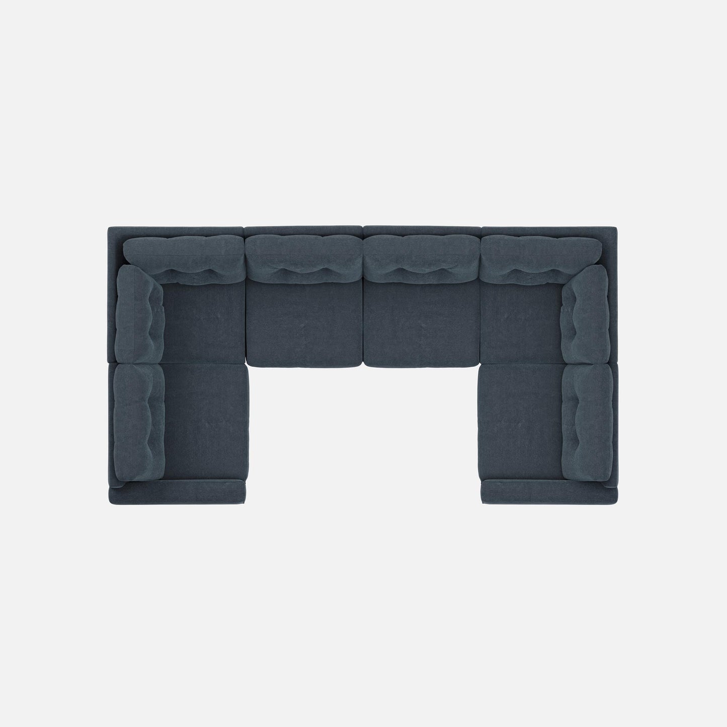 Navy modular sectional sofa top view with padded arms and four cushion sections