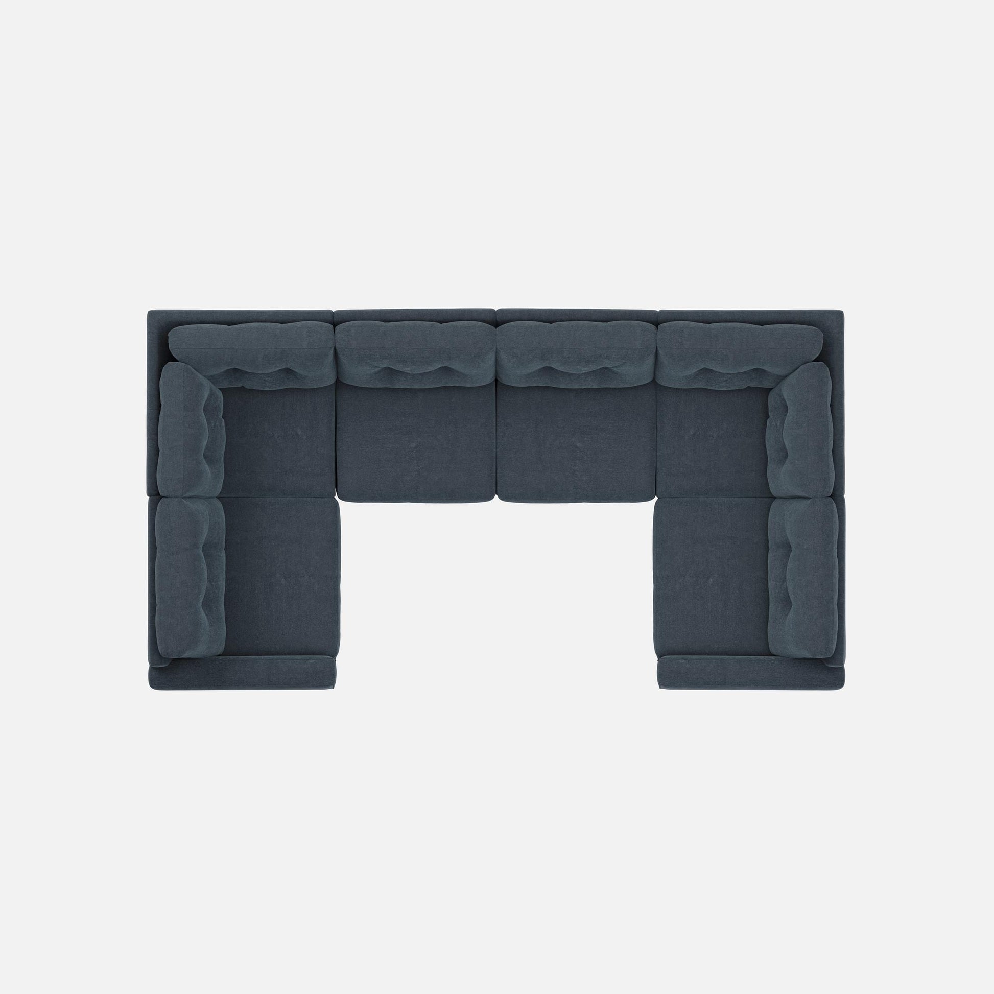 Navy modular sectional sofa top view with padded arms and four cushion sections