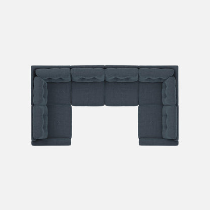 Navy modular sectional sofa top view with padded arms and four cushion sections