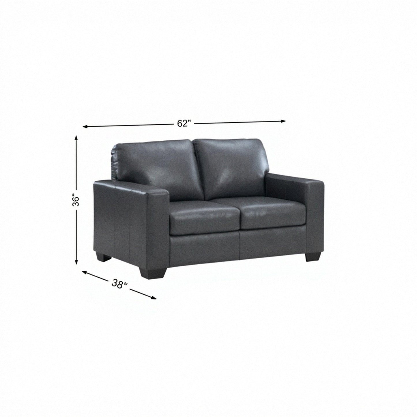 Dark gray leather loveseat with padded arms and two seat cushions