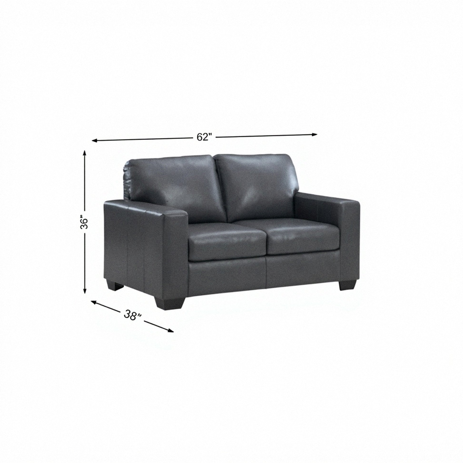 Dark gray leather loveseat with padded arms and two seat cushions
