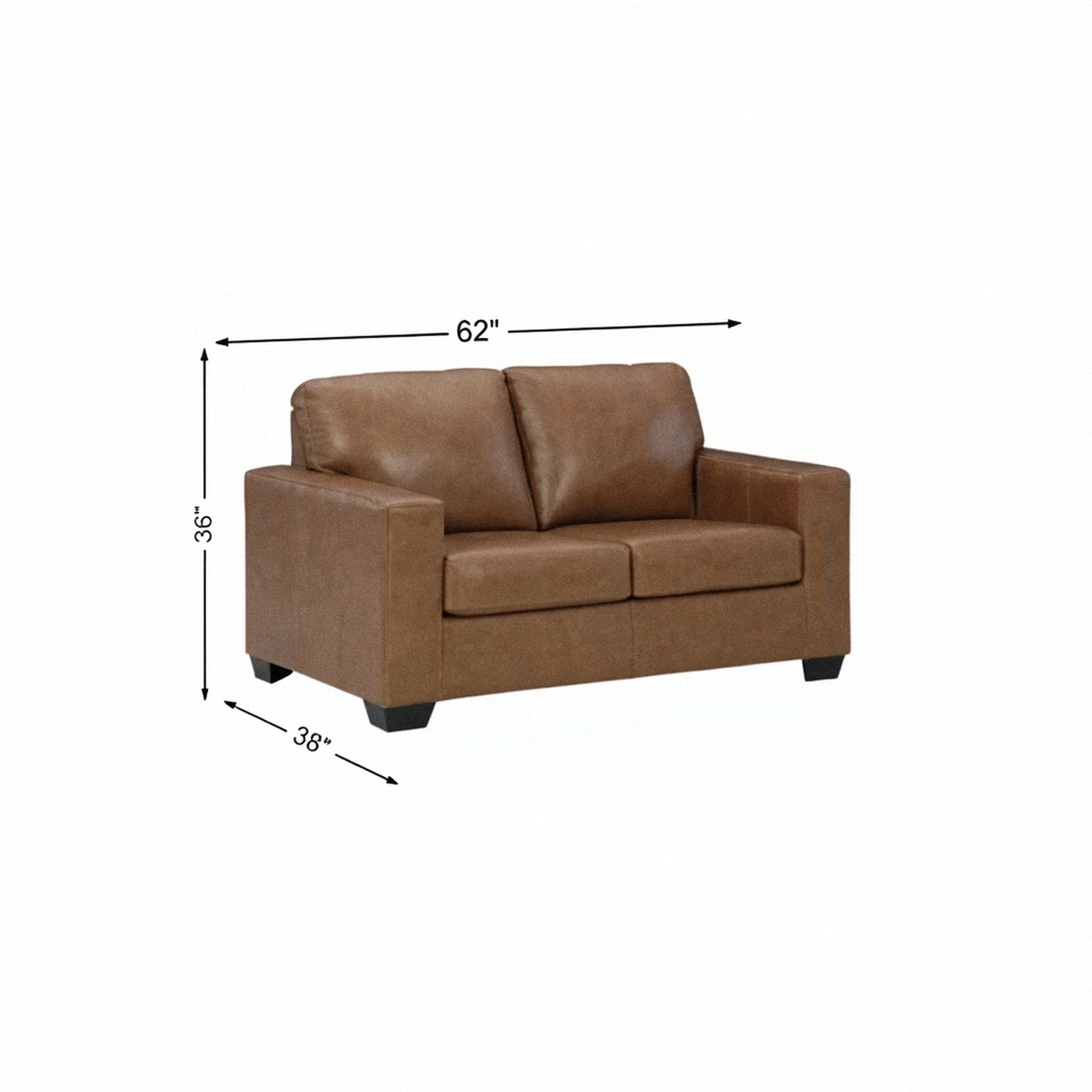 Brown leather loveseat with two seat cushions, padded back, and track arms