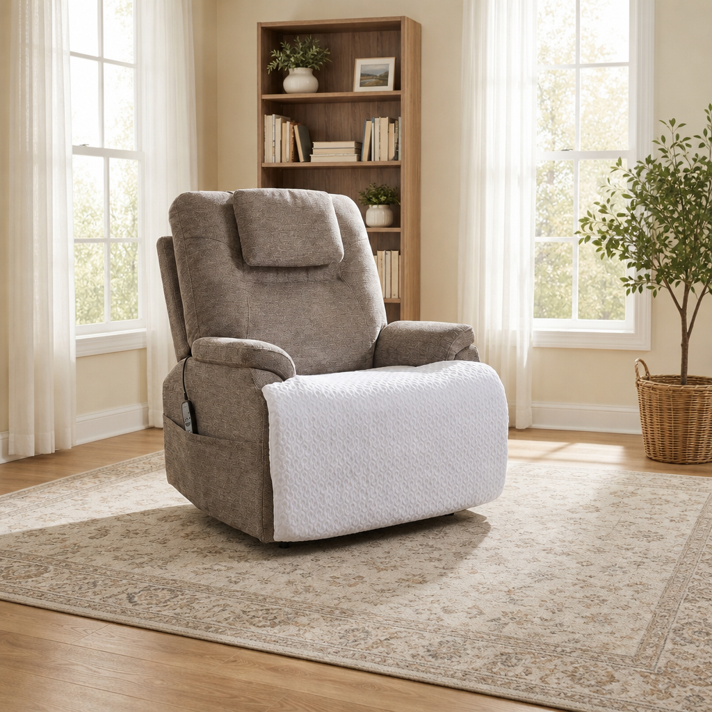 Gray recliner chair protector with white textured cover over seat and lower body panel
