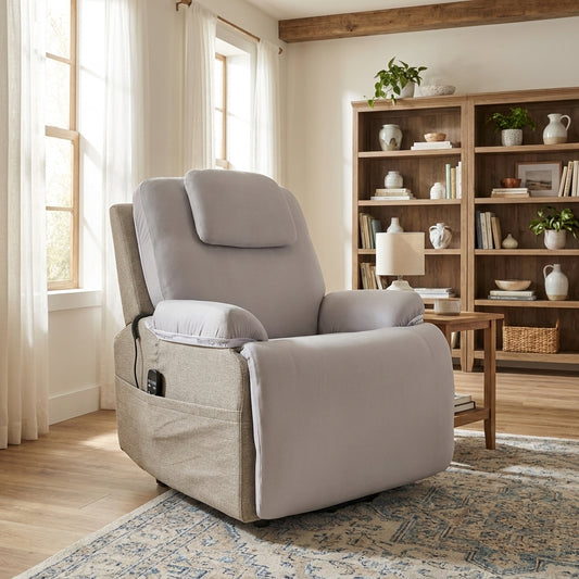 Gray upholstered power recliner chair with padded headrest and side control panel