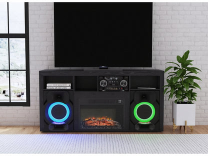 Sound fireplace console with two front speakers and blue and green LED ring lights