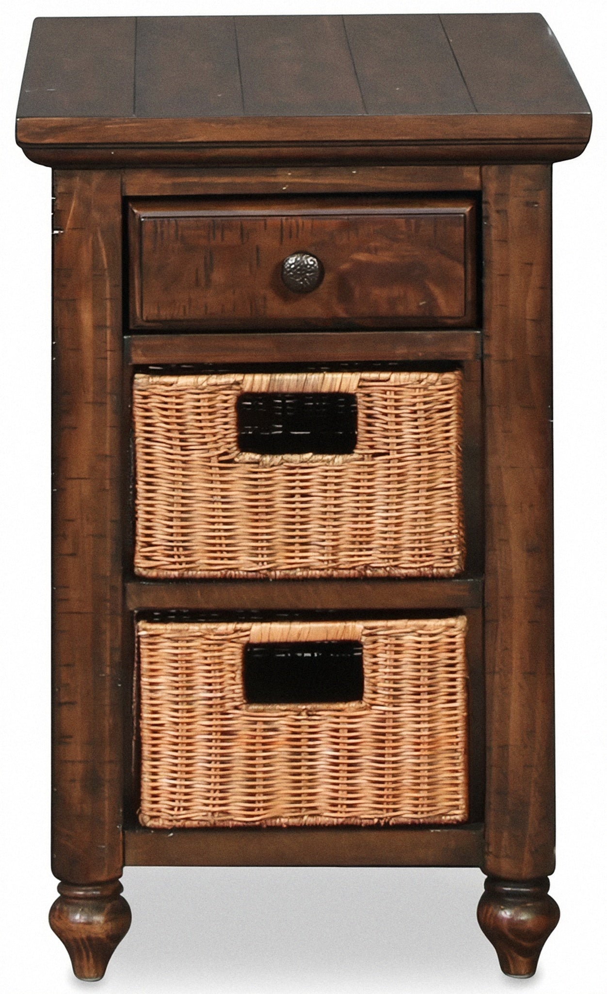 Wooden chairside end table with dark top, drawer knob, and two wicker storage bins