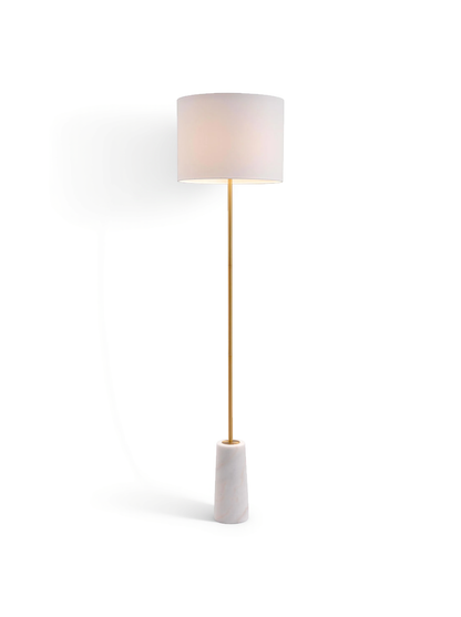 White drum floor lamp with brass stem and white cylindrical base.