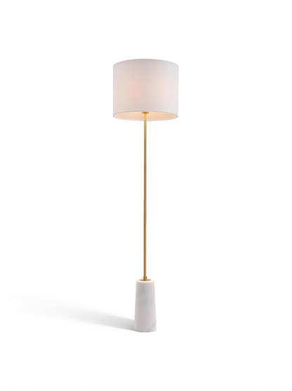 White drum floor lamp with brass stem and cylindrical white base.