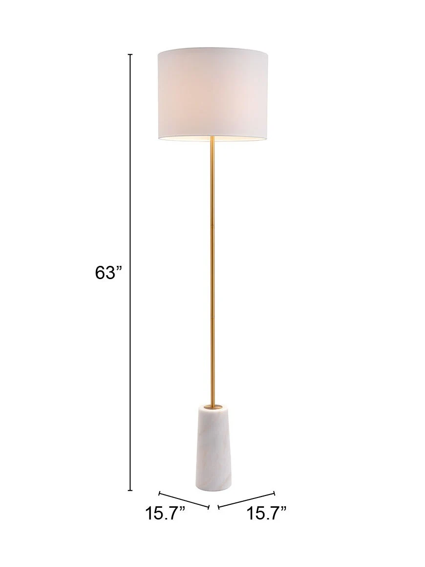 63 in white drum floor lamp with brass pole and white cylindrical base, 15.7 in.