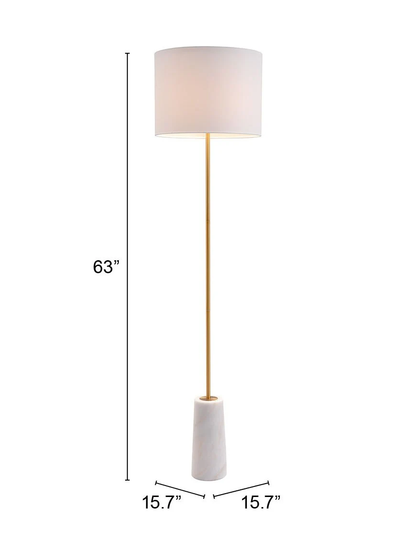 63 in white drum floor lamp with brass pole and white cylindrical base, 15.7 in.