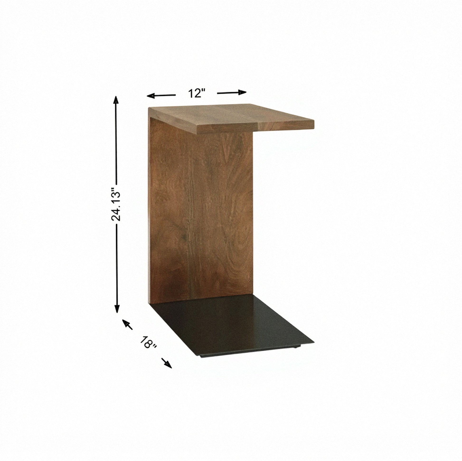 Wood accent table with square top and black base, 12 in wide, 24.3 in high