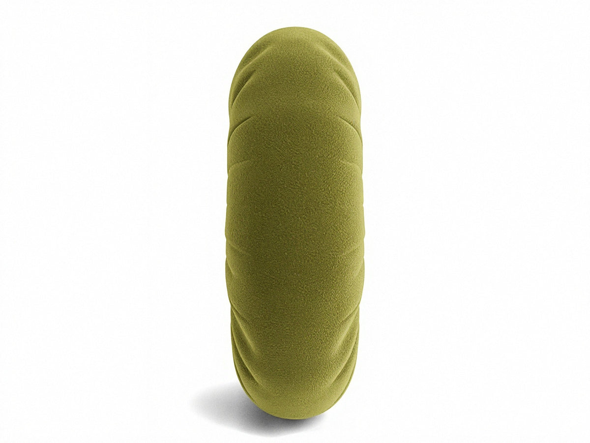 Olive green round pillow side view with smooth fabric cover
