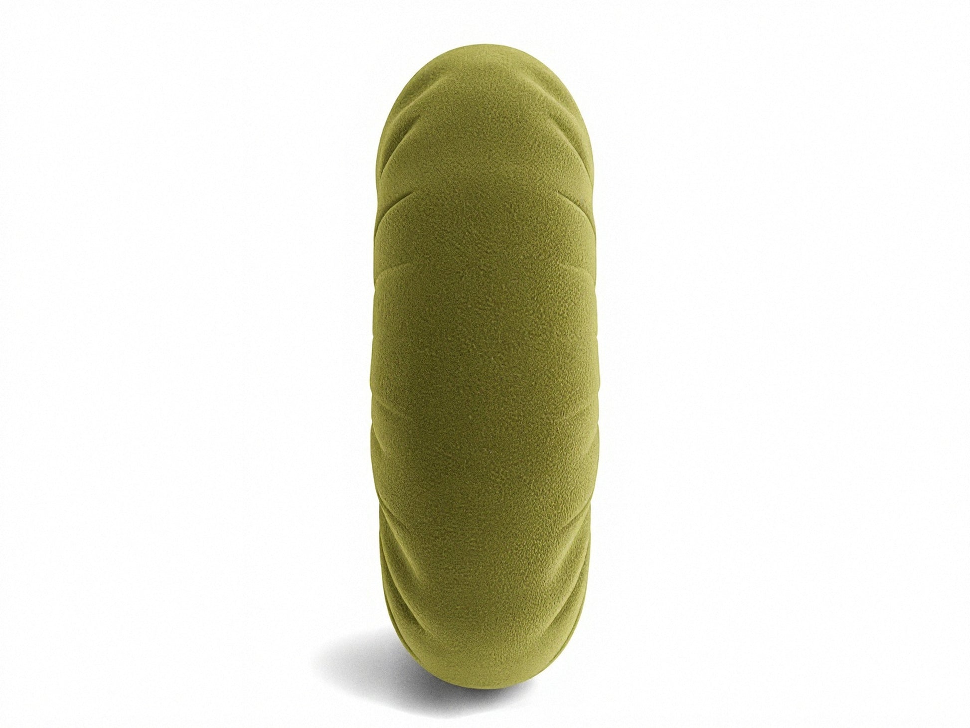 Olive green round pillow side view with smooth fabric cover