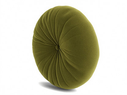 Olive green round tufted pillow, angled view showing pleated seams and button