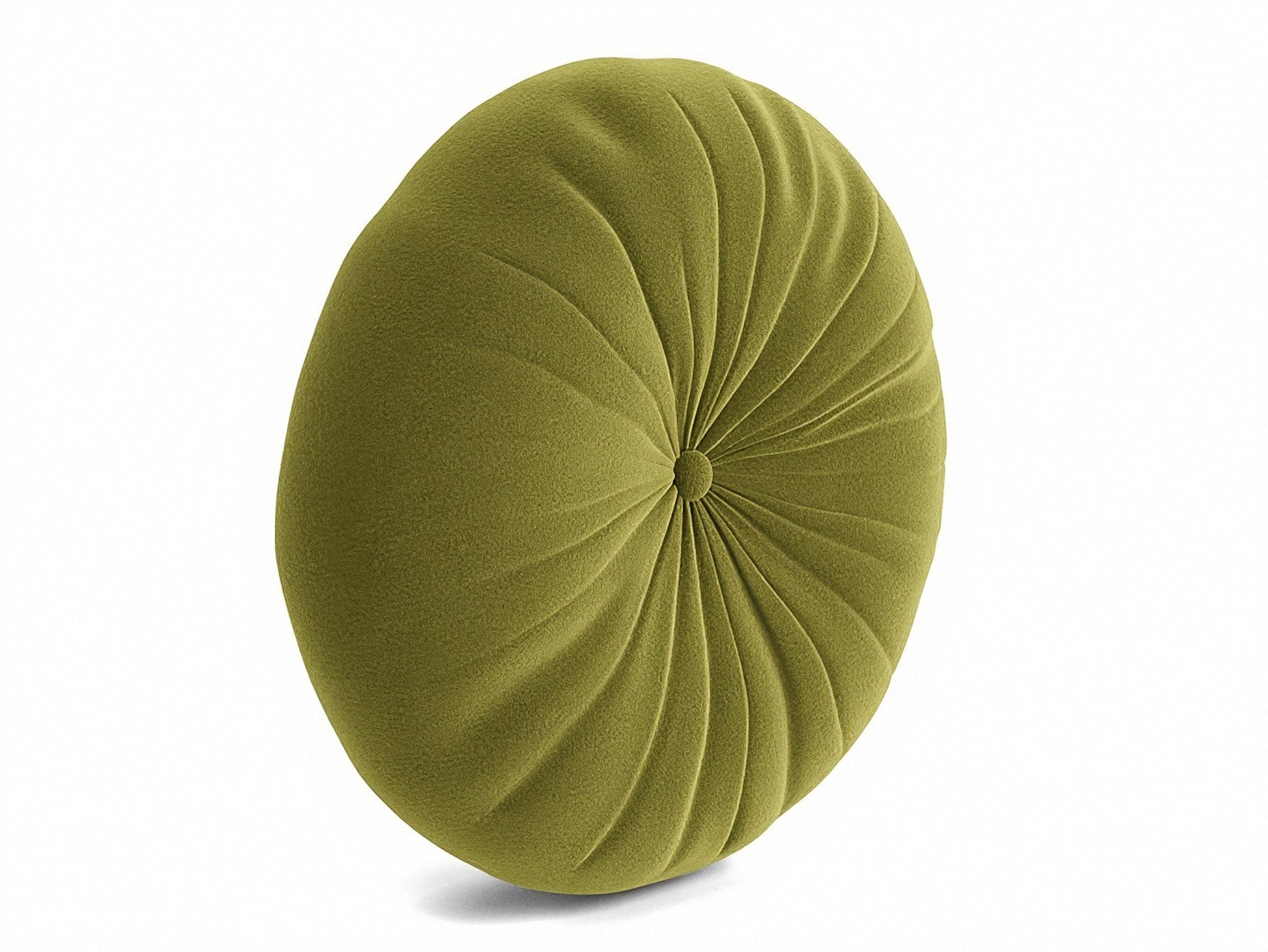 Olive green round tufted pillow, side view with pleated arcs and central button