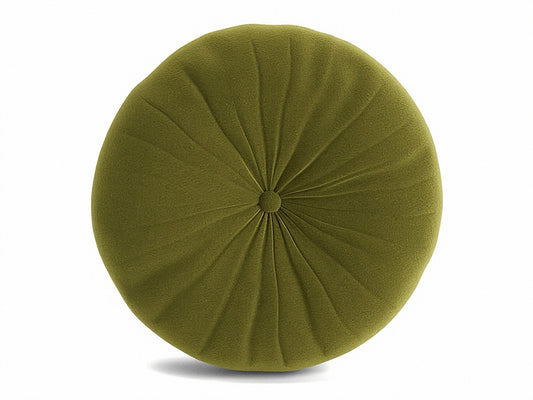 Olive green round tufted pillow with stitched pleat pattern and central button