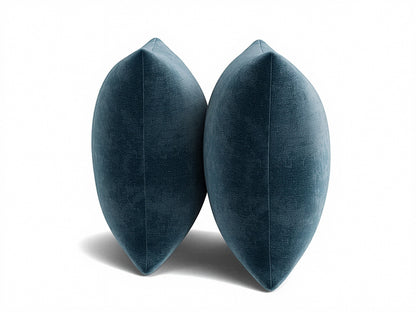 Blue square throw pillows with knife-edge seams, 22 x 22 in, end view