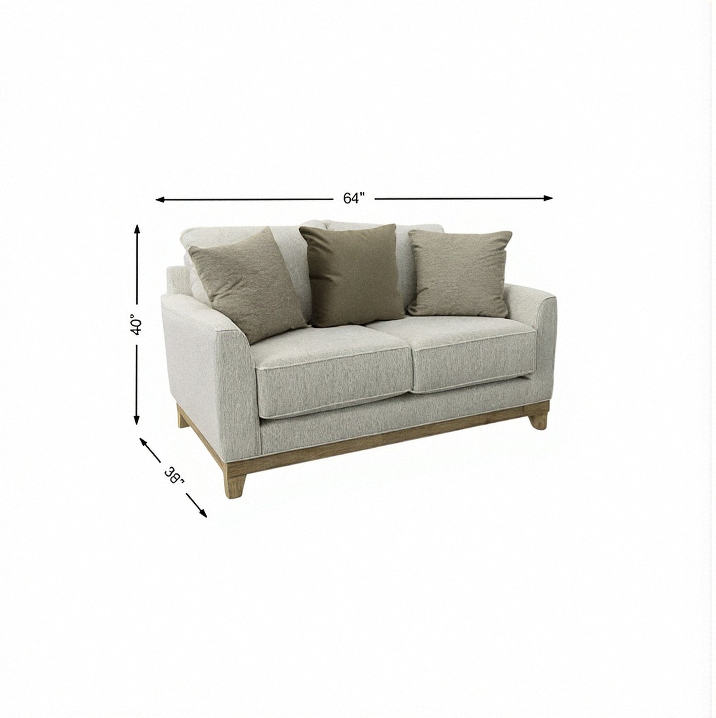 Light gray upholstered loveseat with three cushions, three pillows, and tapered dark legs